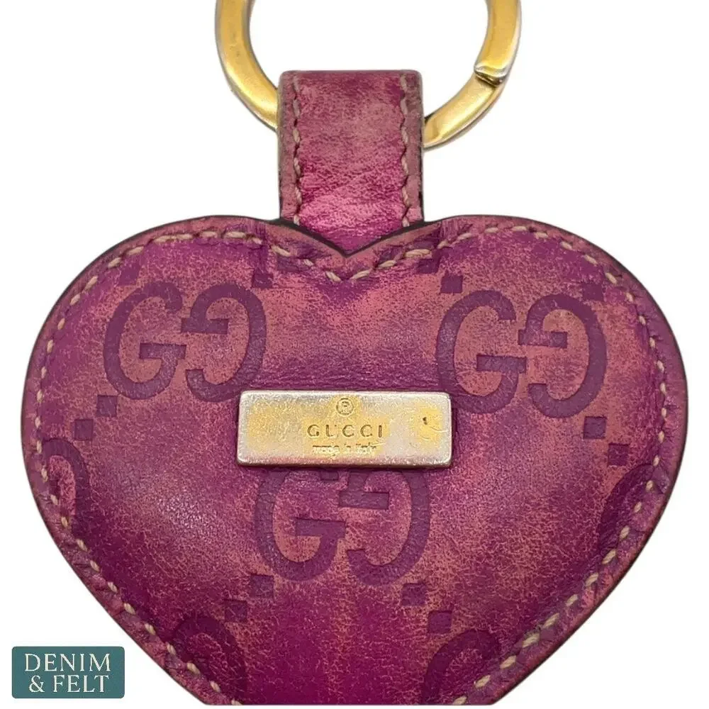 Gucci Monogram Leather Heart Key Ring in Magenta Pink‎ with Gold Hardware